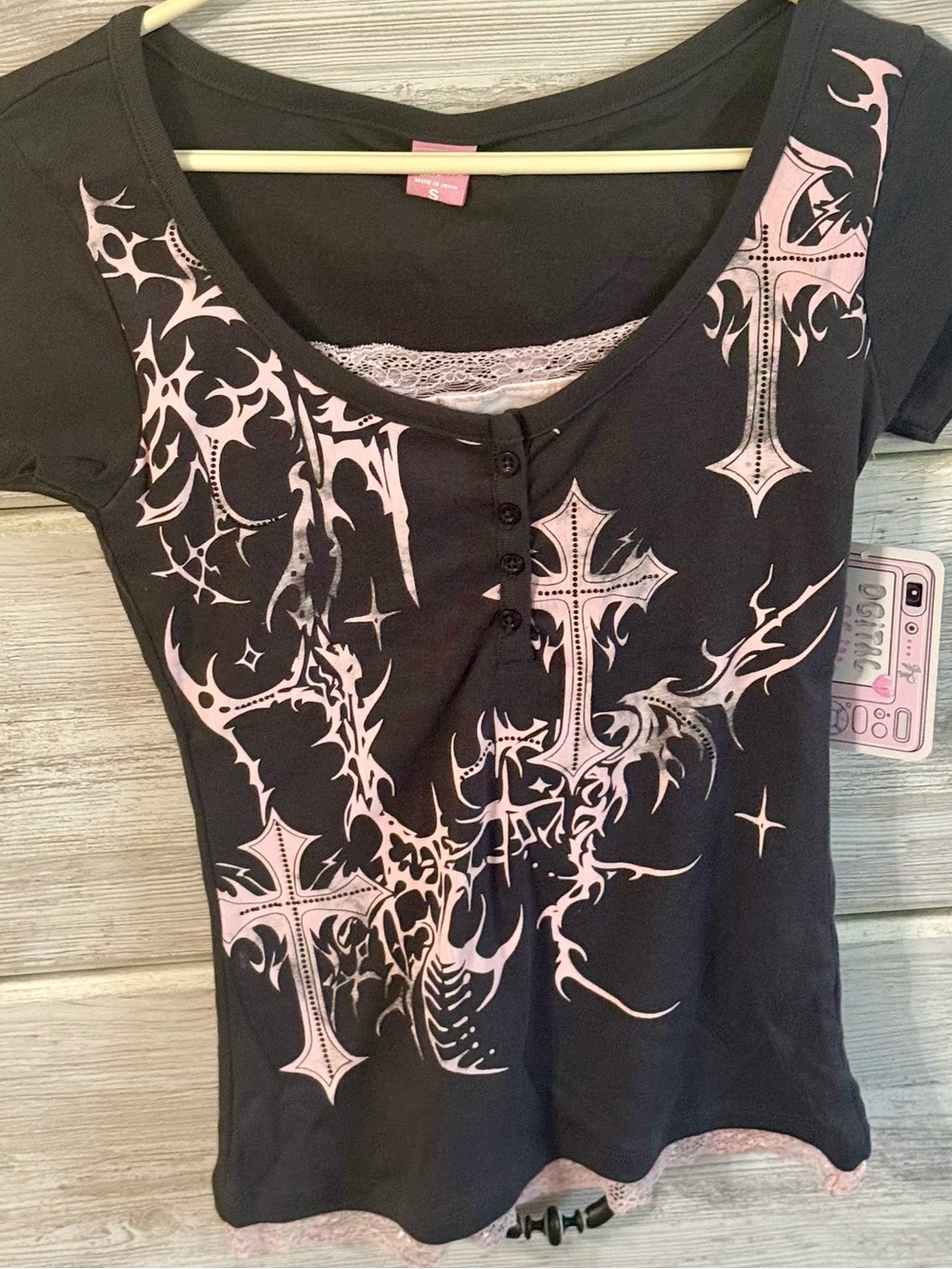 Grey Tee w/ Pink Lace Trim + Cross Design